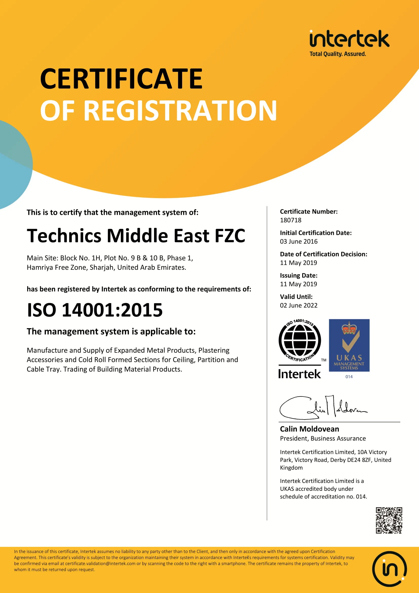 ISO 14001:2015 certificate