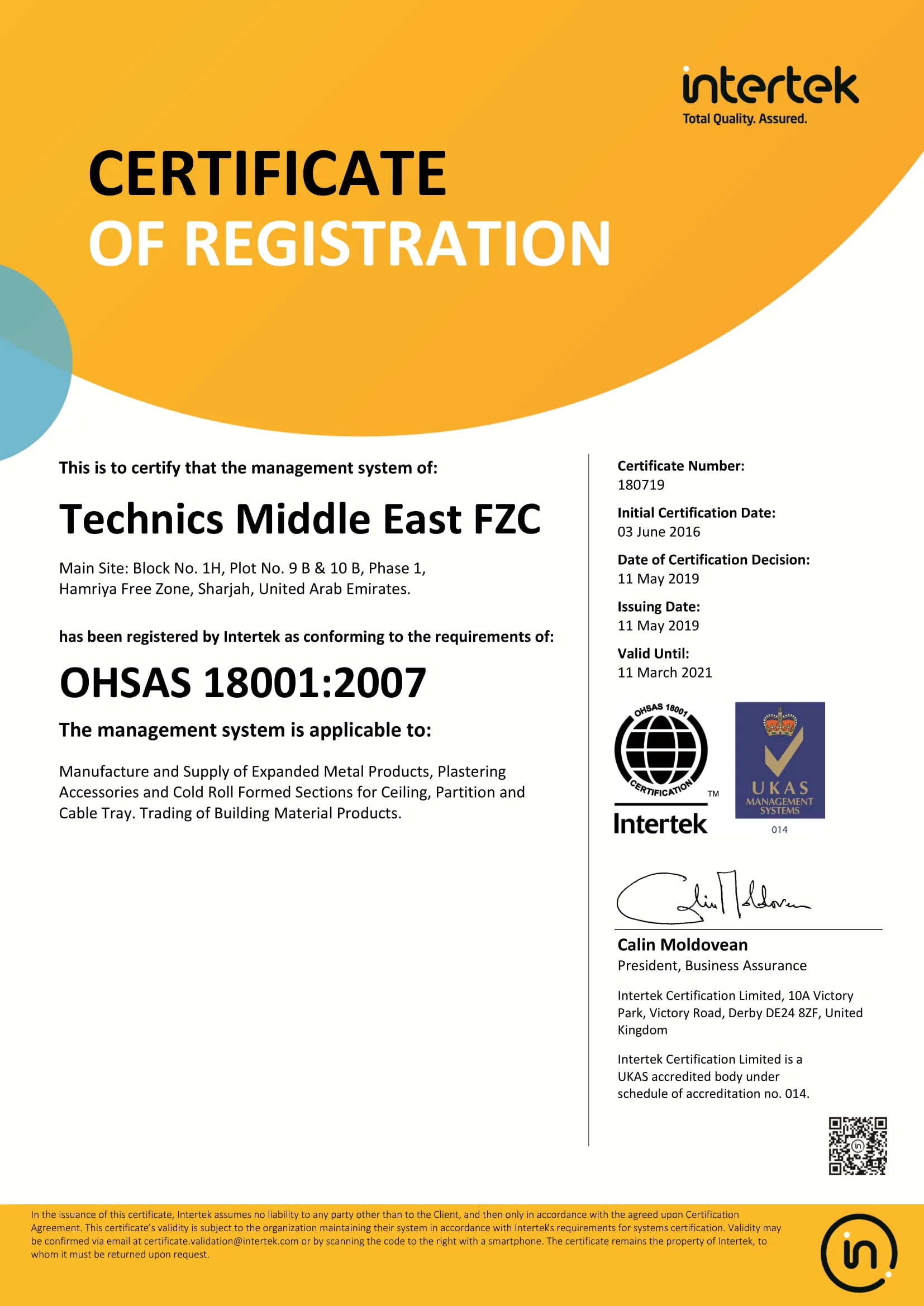 OHSAS 18001:2007 certificate