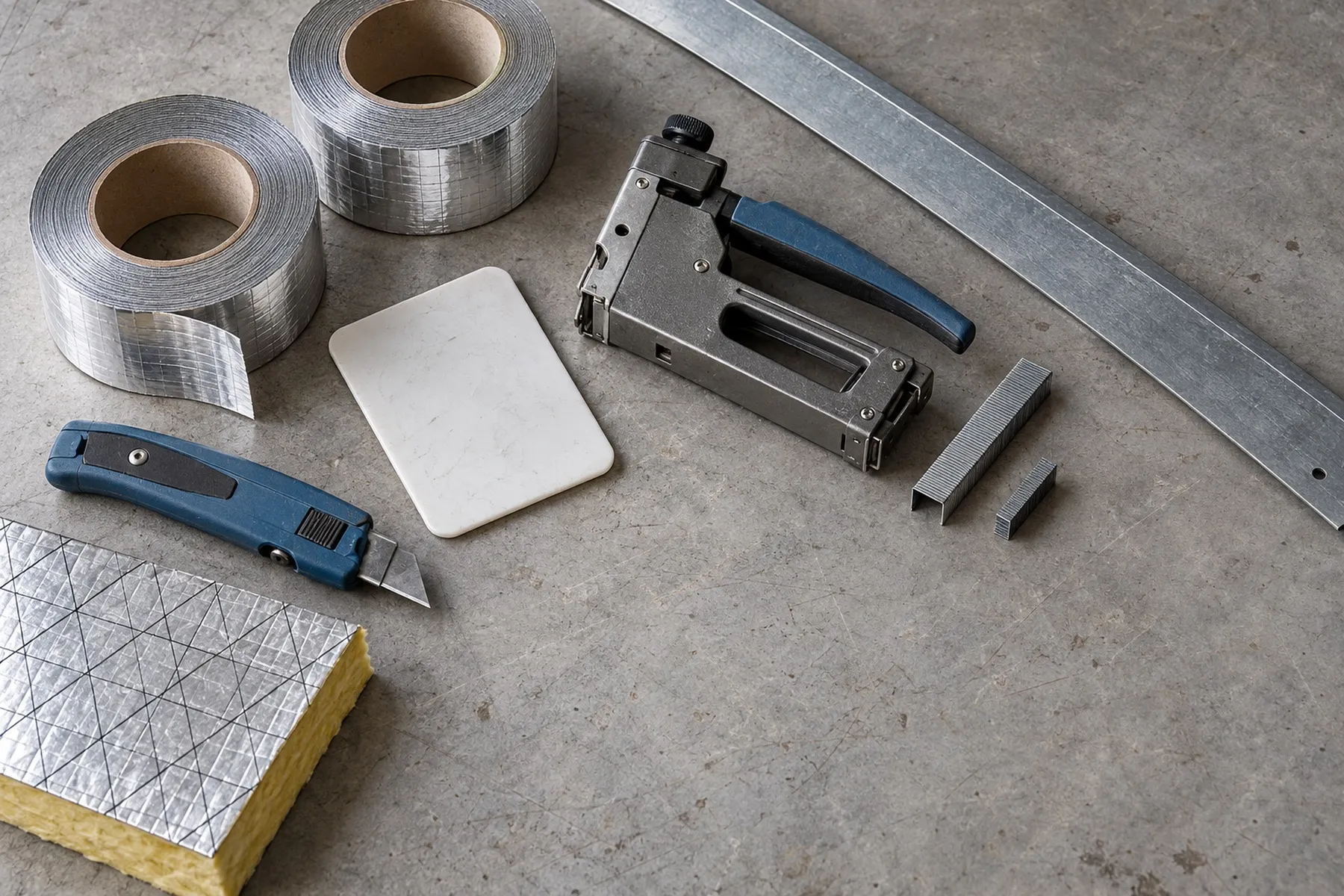 Duct fabrication tape, stapler and cutting tools