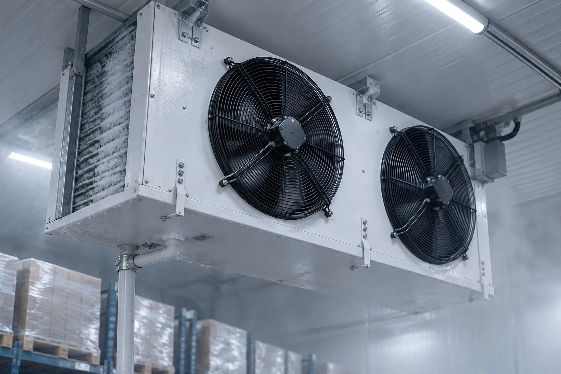 Ceiling-mounted two-fan cold-room evaporator