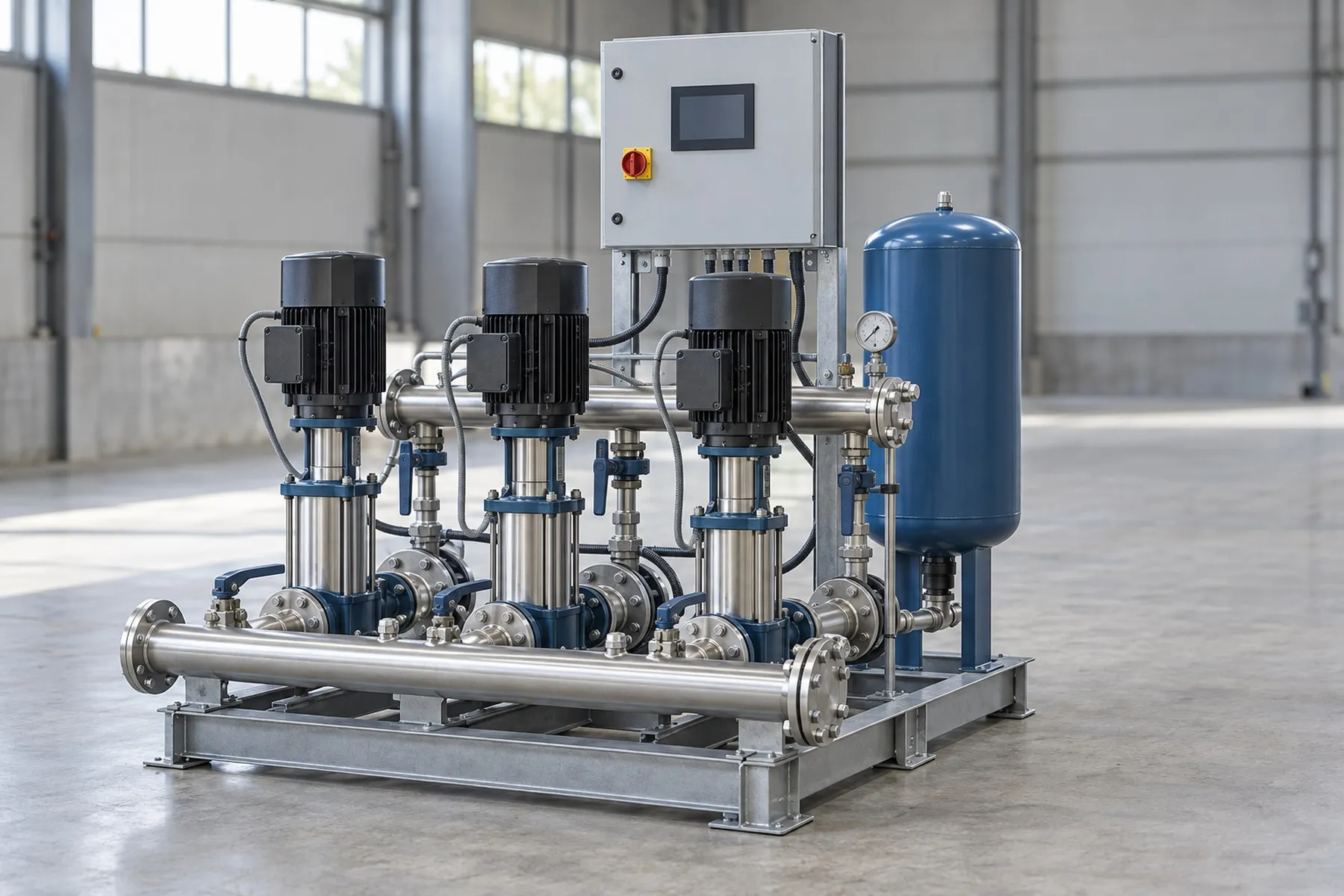 Three-pump pressure booster set with pressure vessel
