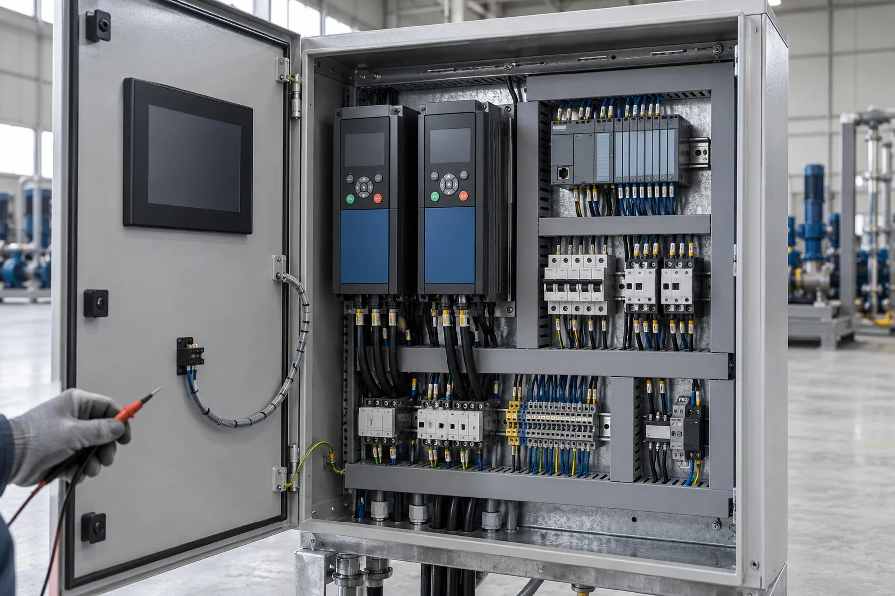 Pump control panel with drives and electrical components