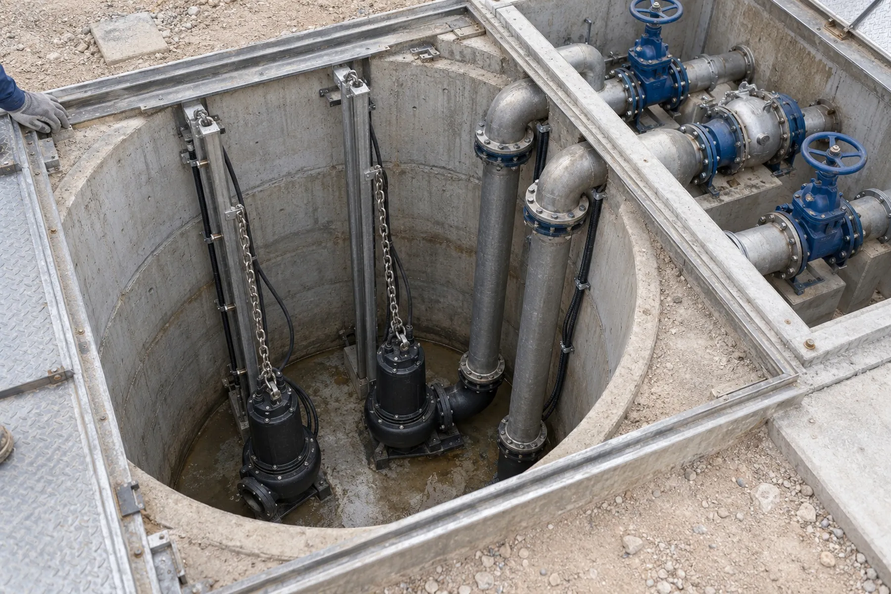 Twin-pump sewage lift station and valve chamber