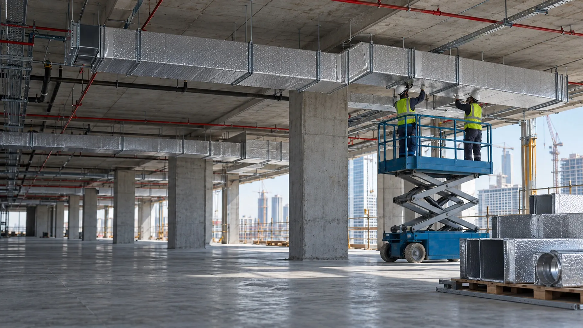 Installers working on suspended pre-insulated ductwork