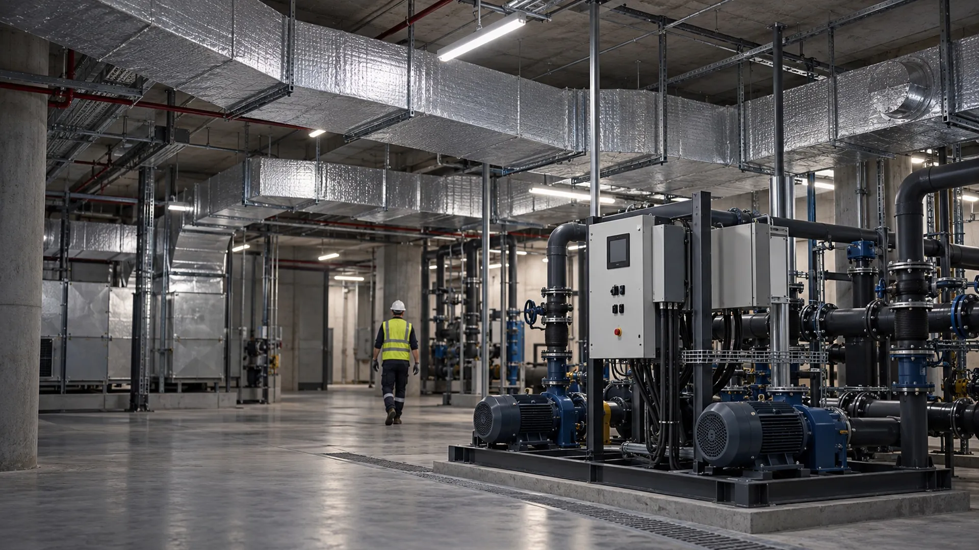 Building services plant room with ductwork and packaged pumps
