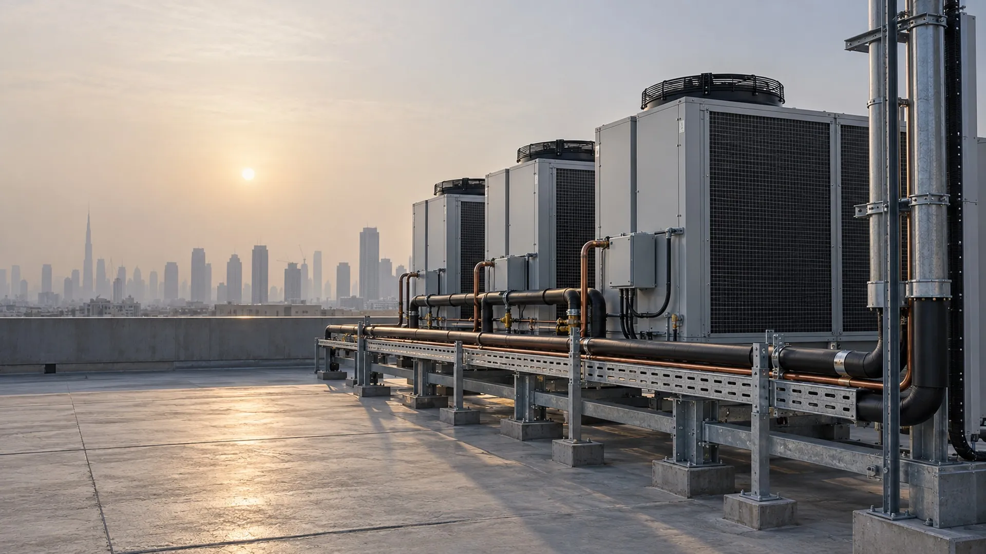 Rooftop condensing units and refrigerant pipework