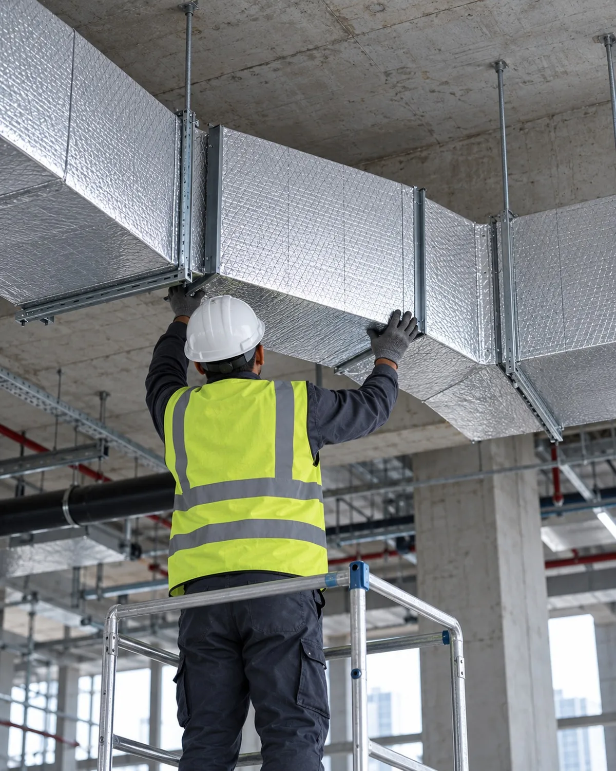 Installer fitting pre-insulated ductwork overhead