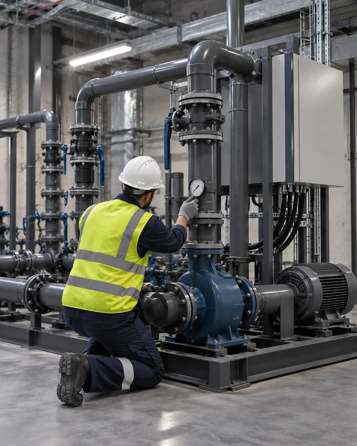 Technician checking a pump discharge pressure gauge