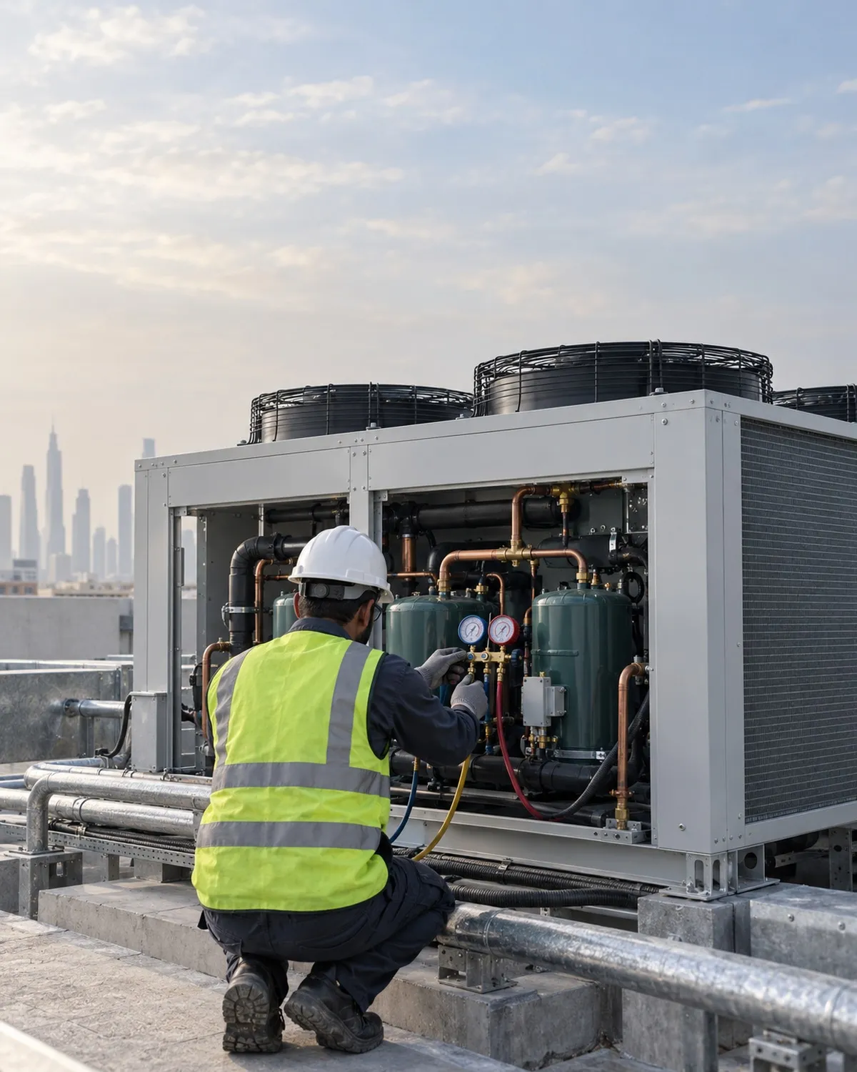 Technician servicing rooftop refrigeration equipment
